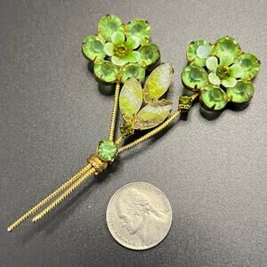 Vintage Rhinestone Green Double Flower Brooch  Pin Gold Tone